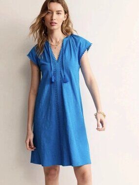 BODEN Blue Millie Pom Cotton Dress Slub Knit T-shirt Dress 6R US = 10R UK